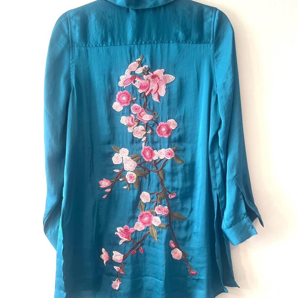 Soft Surroundings Teal Button Down with Pink Floral Embroidery
